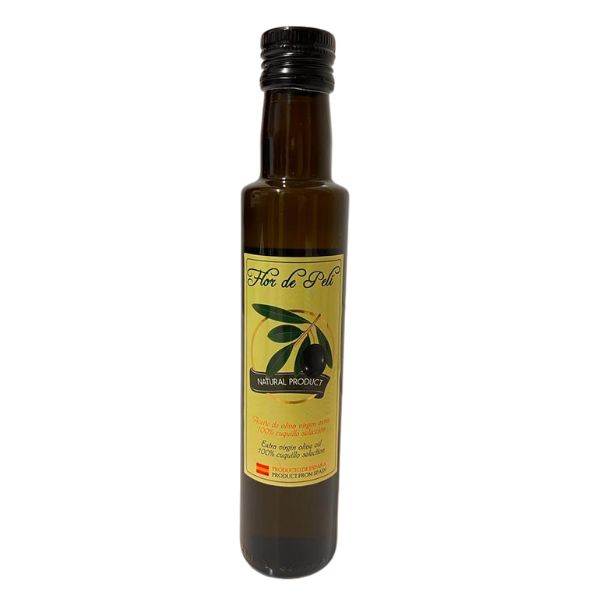 Flor de Peli en botella de 250 ml. Aceite Virgen Extra 100% Cuquillo Selección